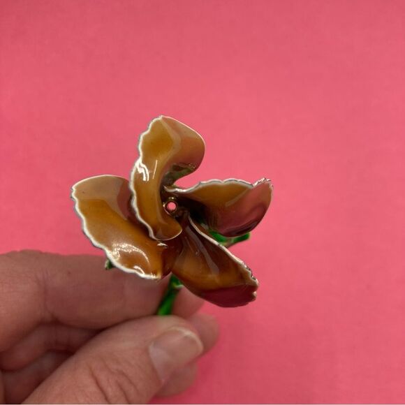Rose Flower Brooch Pin Brown and Green Jewelry Accessory Boutonniere Ceramic - Picture 9 of 12